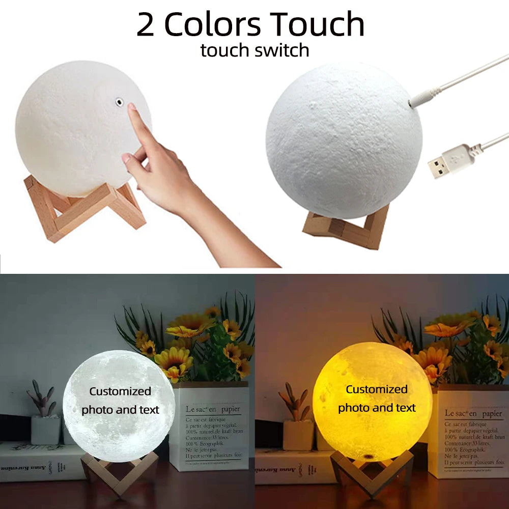 Personalized 3D Printing Moon Lamp Customized Photo Text Night Light USB Rechargeable Birthday Mother Day Lunar Anniversary Gift