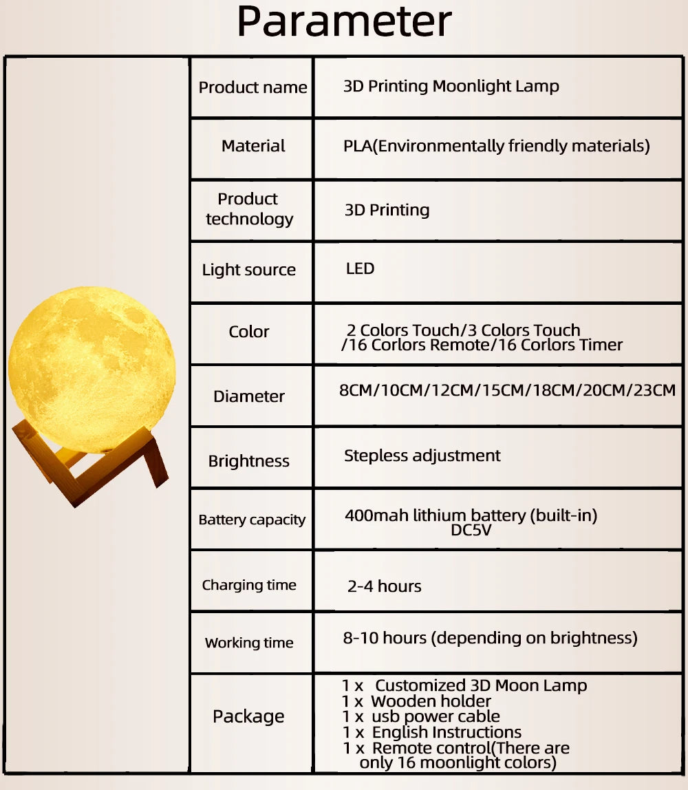 Personalized 3D Printing Moon Lamp Customized Photo Text Night Light USB Rechargeable Birthday Mother Day Lunar Anniversary Gift