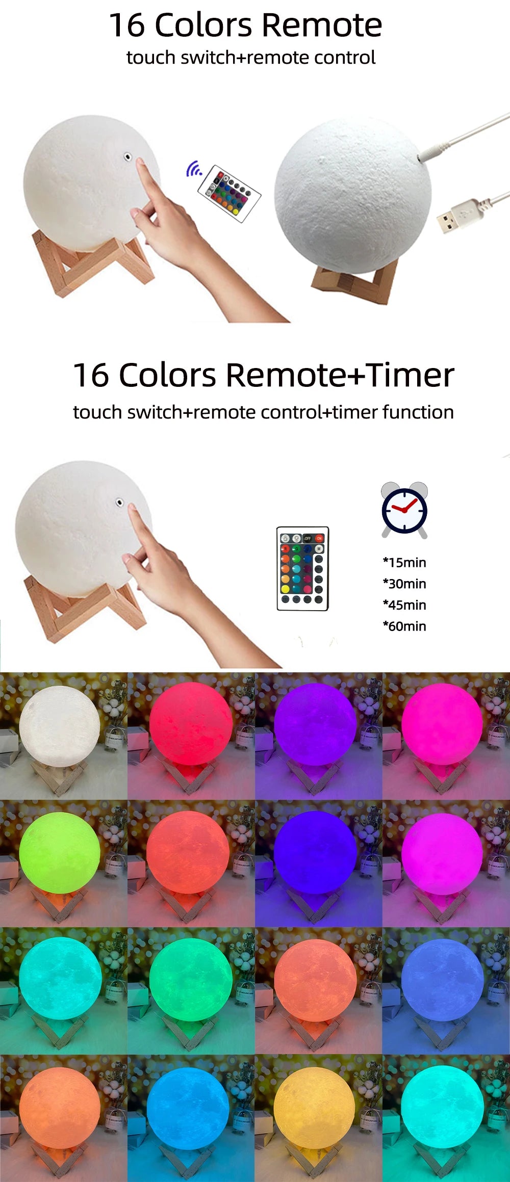 Personalized 3D Printing Moon Lamp Customized Photo Text Night Light USB Rechargeable Birthday Mother Day Lunar Anniversary Gift
