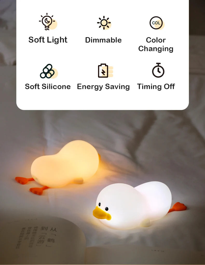 1pc Doudou Duck night light Children's gift soft light eye care USB charging timing automatic clap silicone lamp