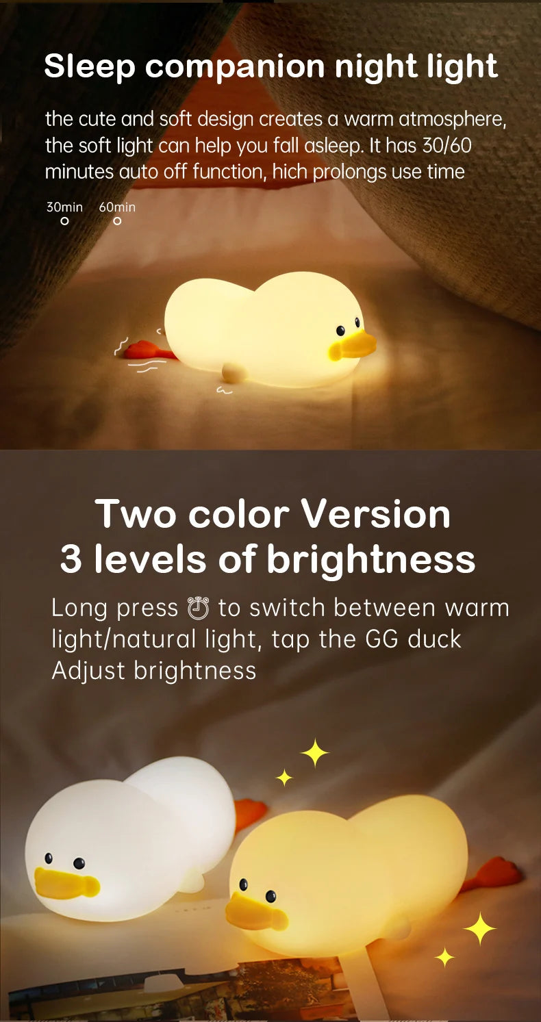 1pc Doudou Duck night light Children's gift soft light eye care USB charging timing automatic clap silicone lamp