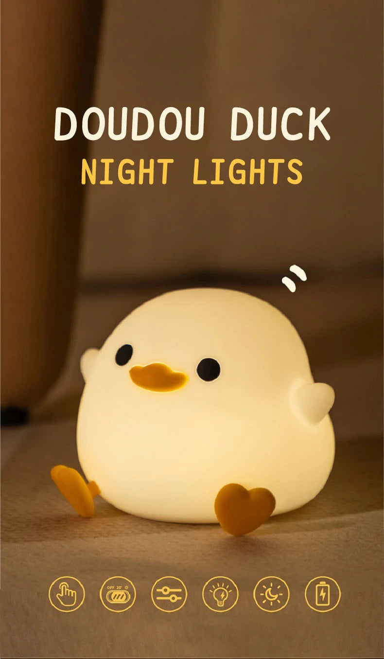 1pc Doudou Duck night light Children's gift soft light eye care USB charging timing automatic clap silicone lamp