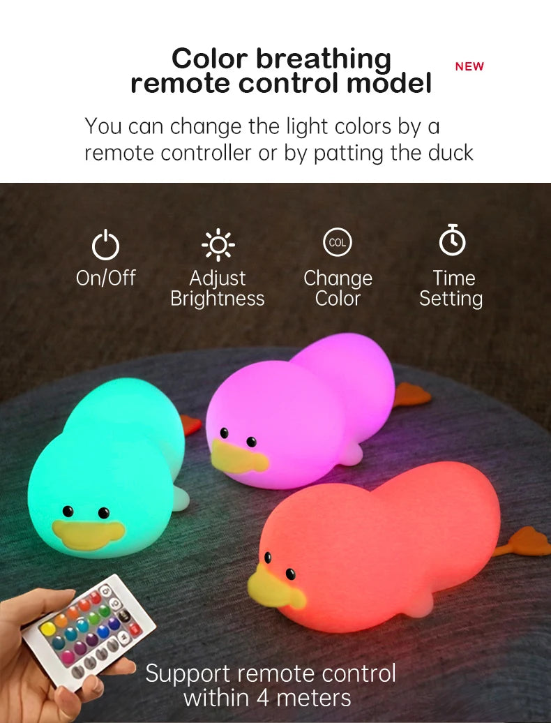 1pc Doudou Duck night light Children's gift soft light eye care USB charging timing automatic clap silicone lamp