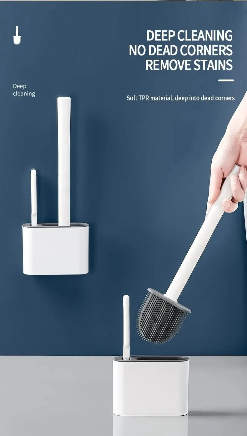 Wall Hanging Toilet Cleaning WC Brush Holder Long Handled Silicone Water Proof Quick Drying Soft Bristles Bathroom Accessories