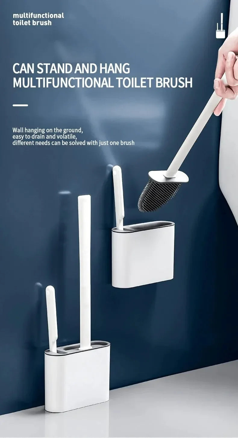 Wall Hanging Toilet Cleaning WC Brush Holder Long Handled Silicone Water Proof Quick Drying Soft Bristles Bathroom Accessories